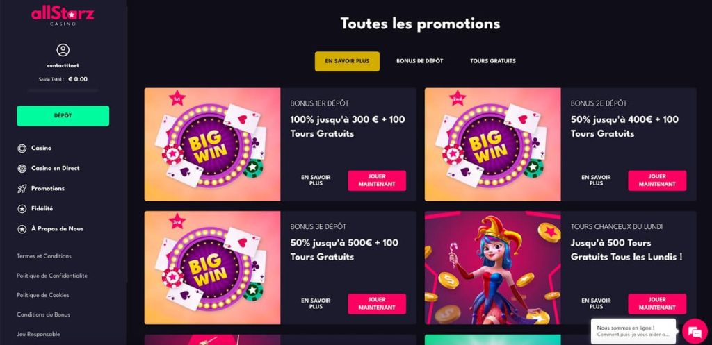 Allstarz Casino bonus bienvenue
