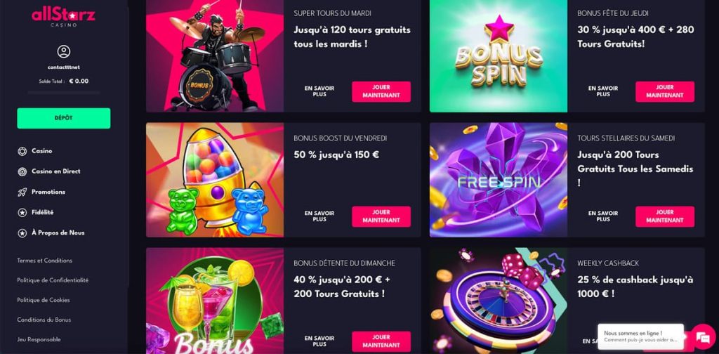 Allstarz Casino bonus jeudi