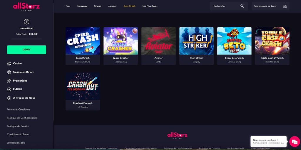 Allstarz Casino jeux crash