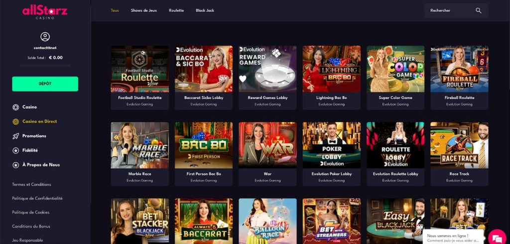 Allstarz Casino jeux live