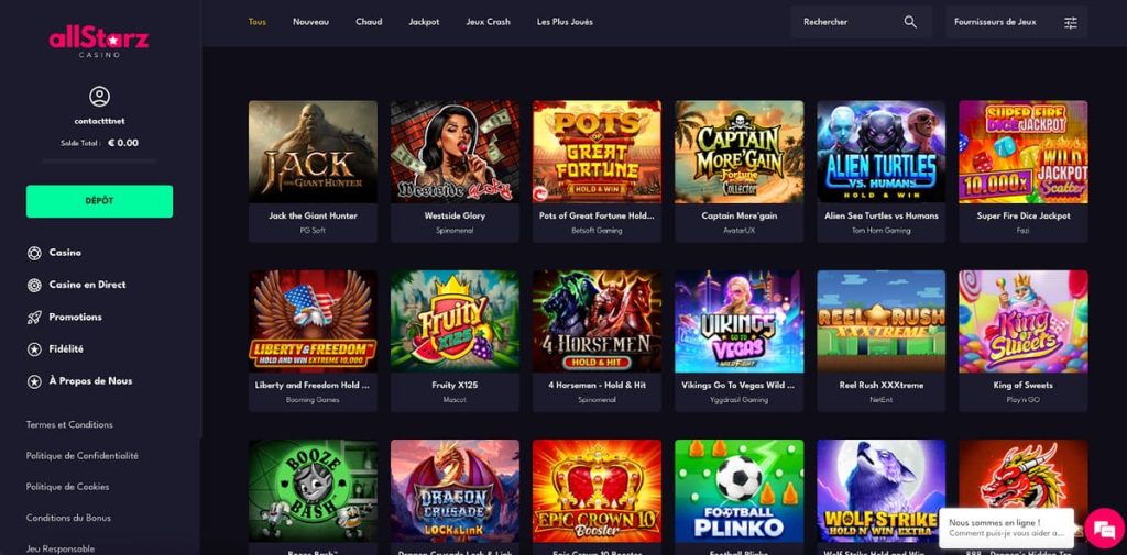 Allstarz Casino page accueil